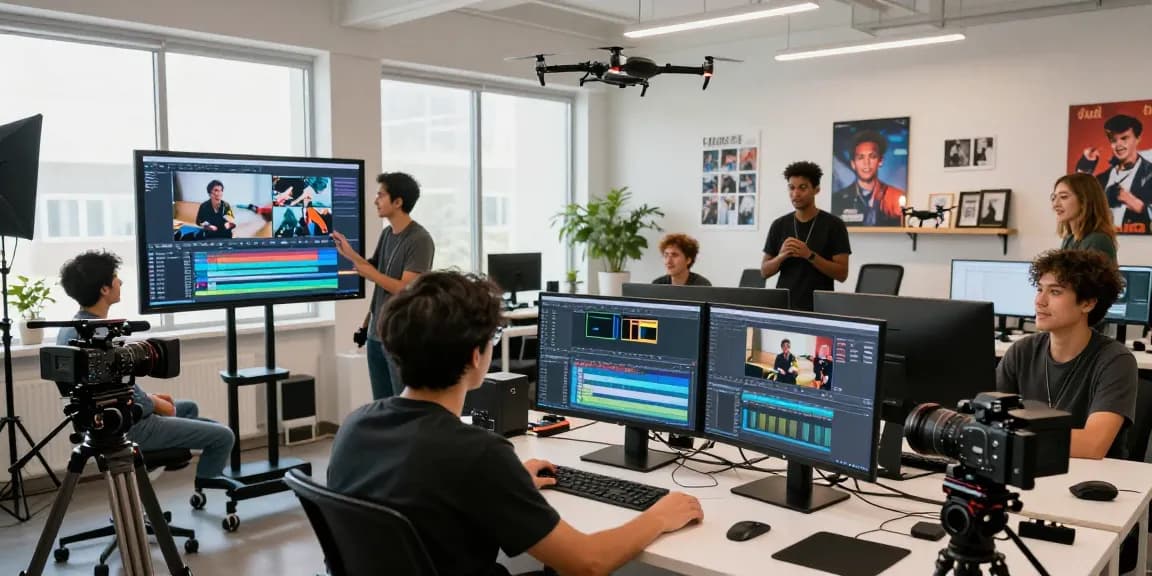 Team collaborating in a vibrant video production studio using prompt ai to enhance their creative projects.