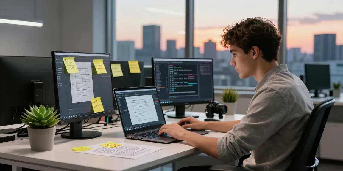 Dynamic workspace showcasing a developer working on 纸飞机中文版 software with modern tech ambiance.