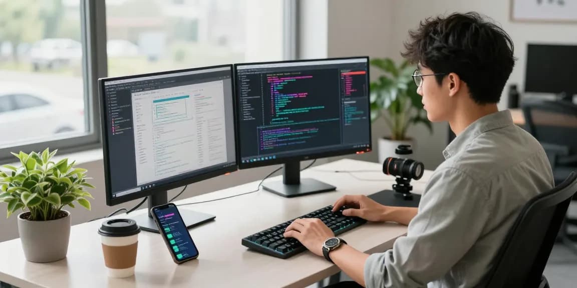 Engaged developer coding and using 纸飞机中文版 in a modern workspace with dual monitors and natural light.