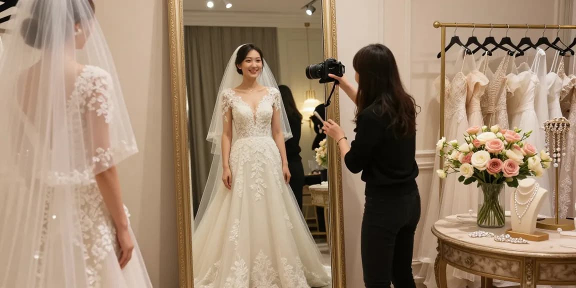 Consulenza di bridal styling con una sposa felice che prova un abito elegante e accessori nel boutique.