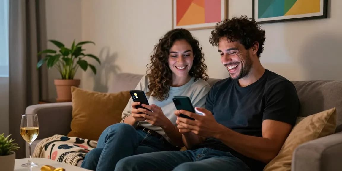 Couple enjoying sexting ai in a cozy living room with soft lighting, showcasing playful texts and emojis.