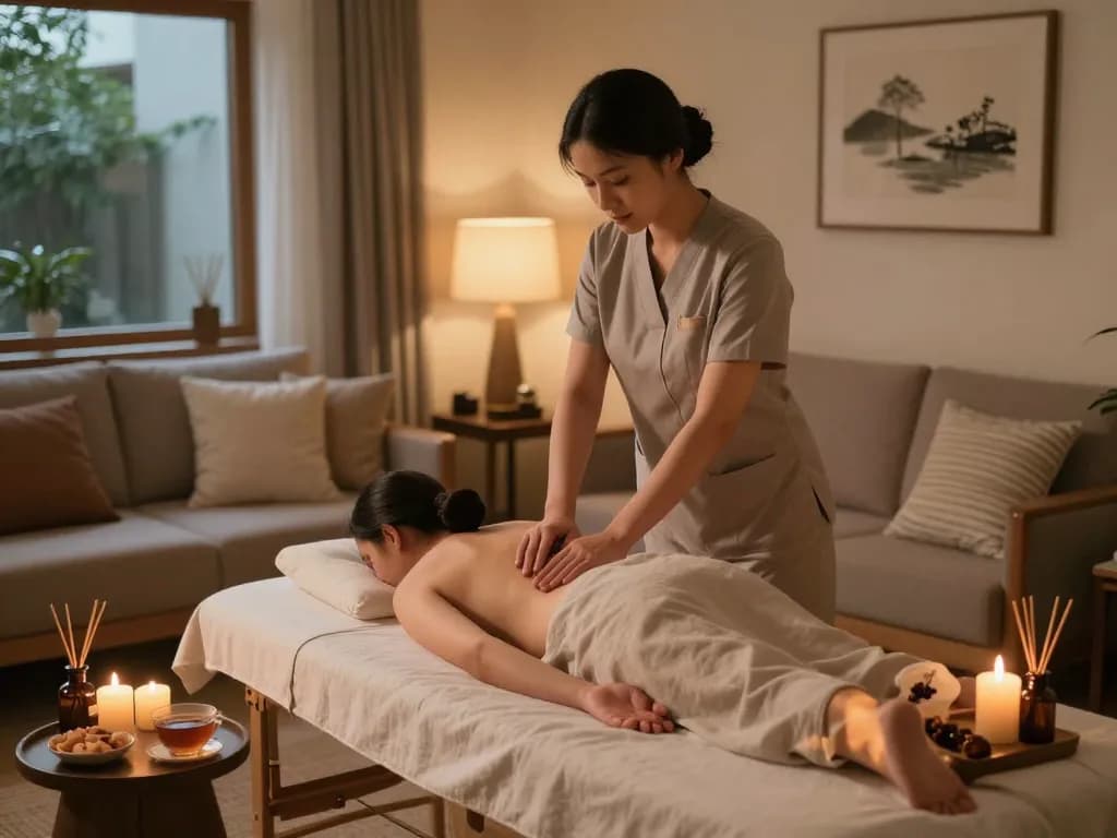 Enjoying a 출장 massage in a serene home environment with calming decor.