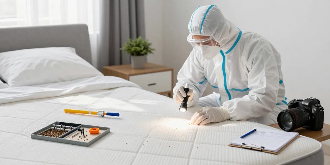 Expert inspecting for bed bug removal in a bright bedroom environment, showcasing professional pest control techniques and equipment.