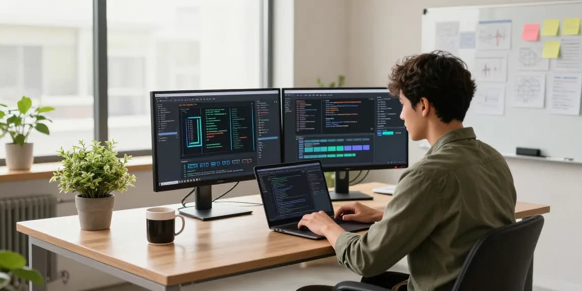 Engaging tech workspace with developer coding crushonai on dual monitors in a modern office