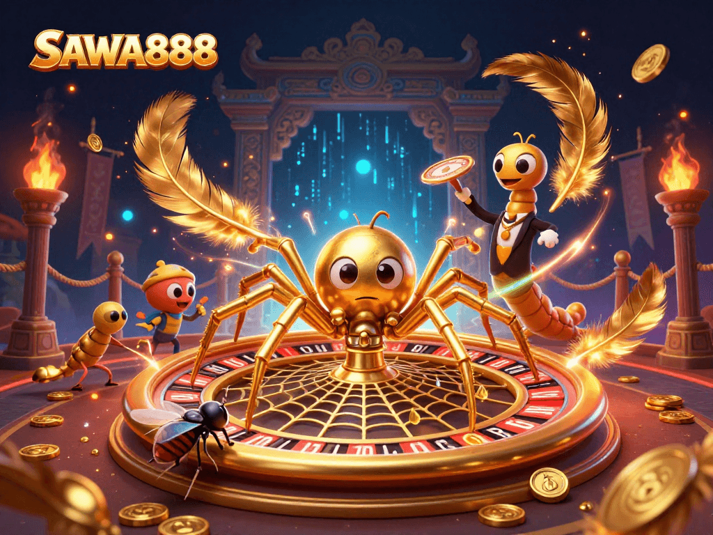 Place your bets with SAWA888 at the roulette wheel while golden spider spins fortune.