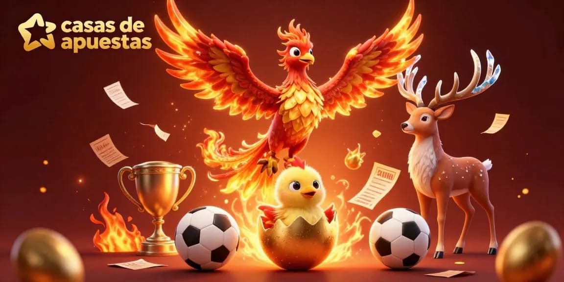 Apostar en casas de apuestas con un fénix y elementos deportivos vibrantes en la escena.