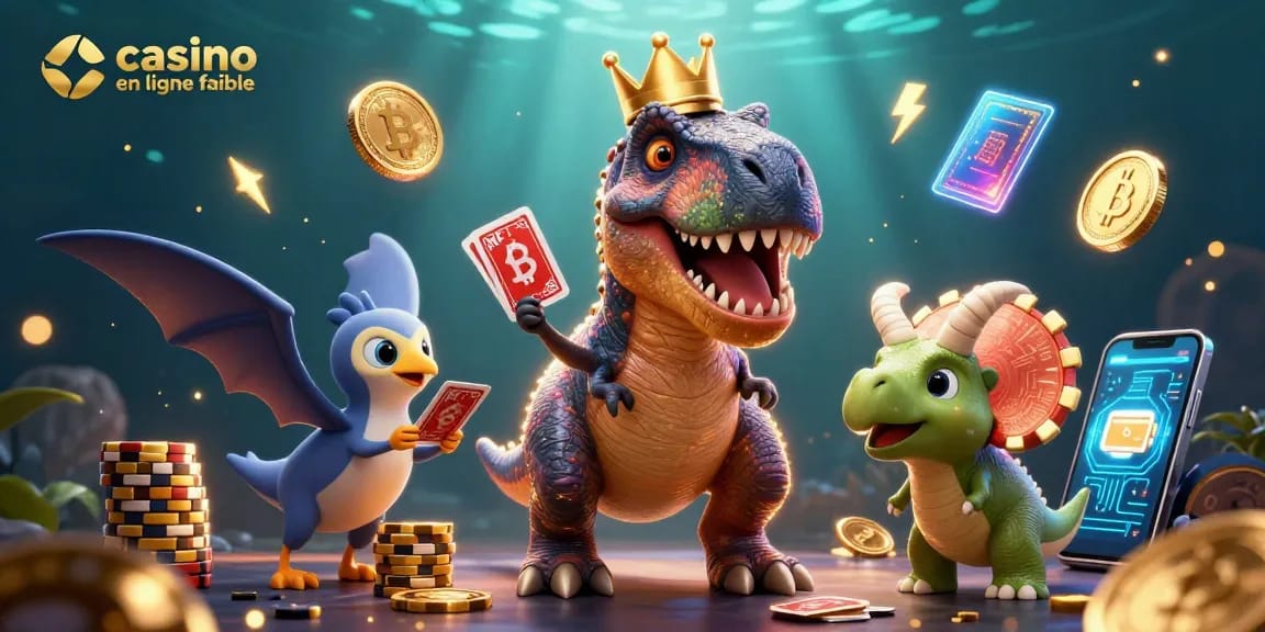 Jouer au casino en ligne fiable avec une illustration amusante de personnages préhistoriques et des éléments de jeu.