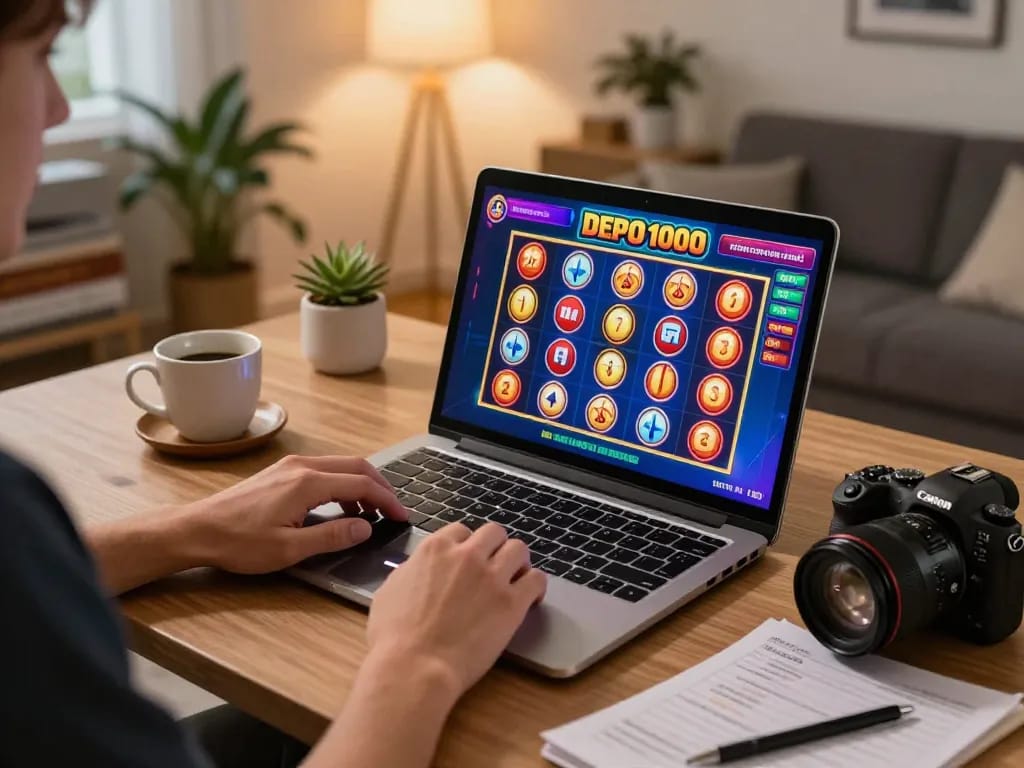 Engaging experience of online gaming with slot depo 1000, person ready to spin on laptop.