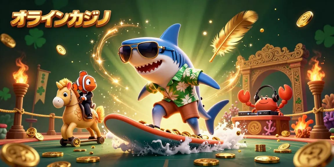 オンラインカジノの楽しさを表現した、海の中で遊ぶキャラクターたちのダイナミックなイラスト