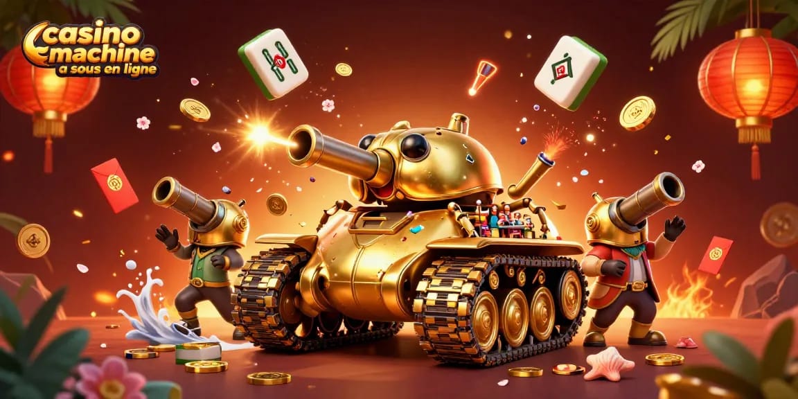 Profitez des machines à sous en ligne avec cette scène dynamique de casino, incluant des jetons et des symboles chanceux.