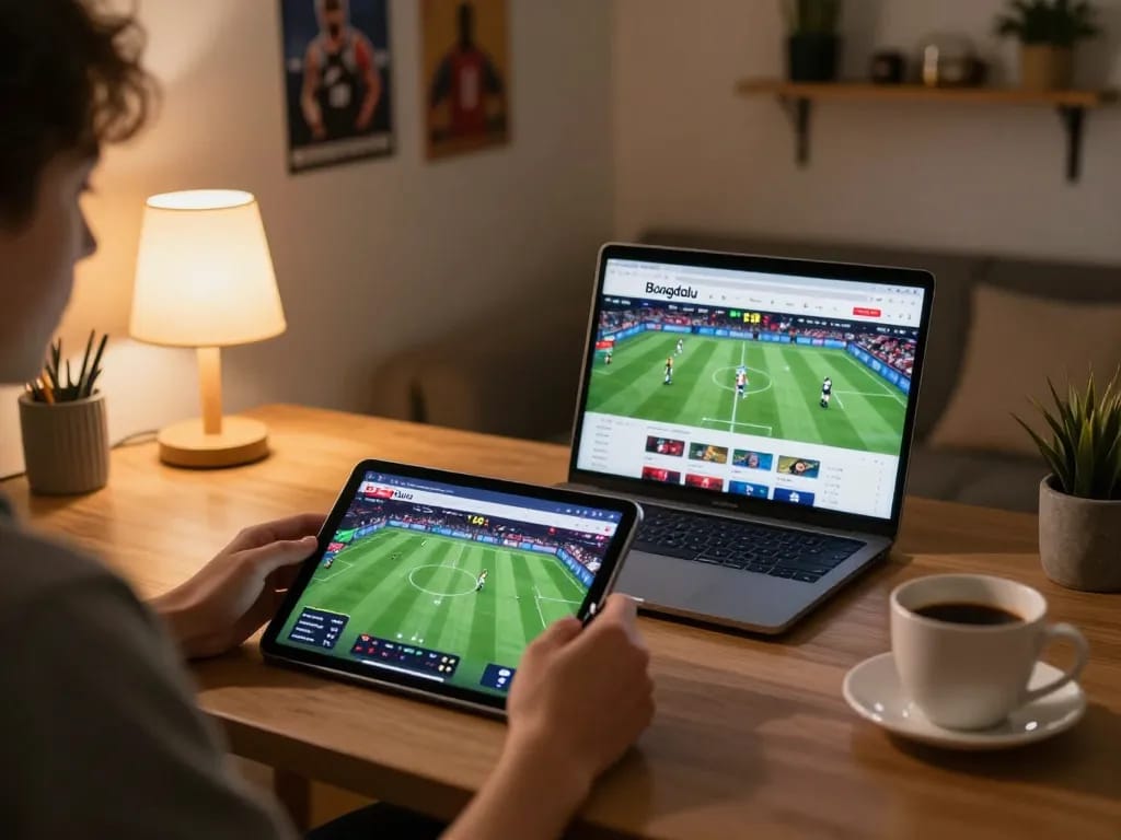 Engaging sports betting experience on Bongdalu shown with tablet and laptop setup.