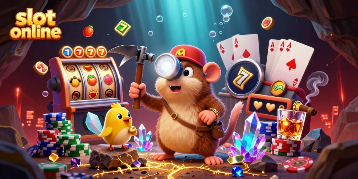 Engaging slot online scene featuring a treasure hunter mole and canary, lively with poker elements.