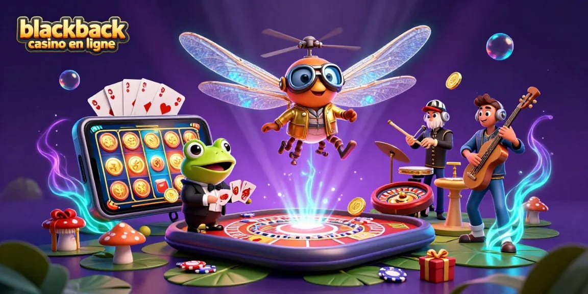 Jouez au blackjack casino en ligne avec un croupier grenouille et un pilote libellule dans un casino vibrant.