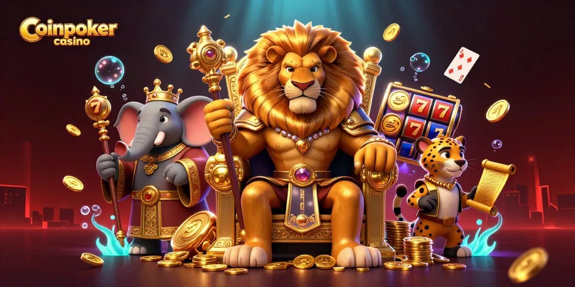 Vivez l'excitation du CoinPoker Casino avec une scène animée de jeux de hasard et des personnages colorés.
