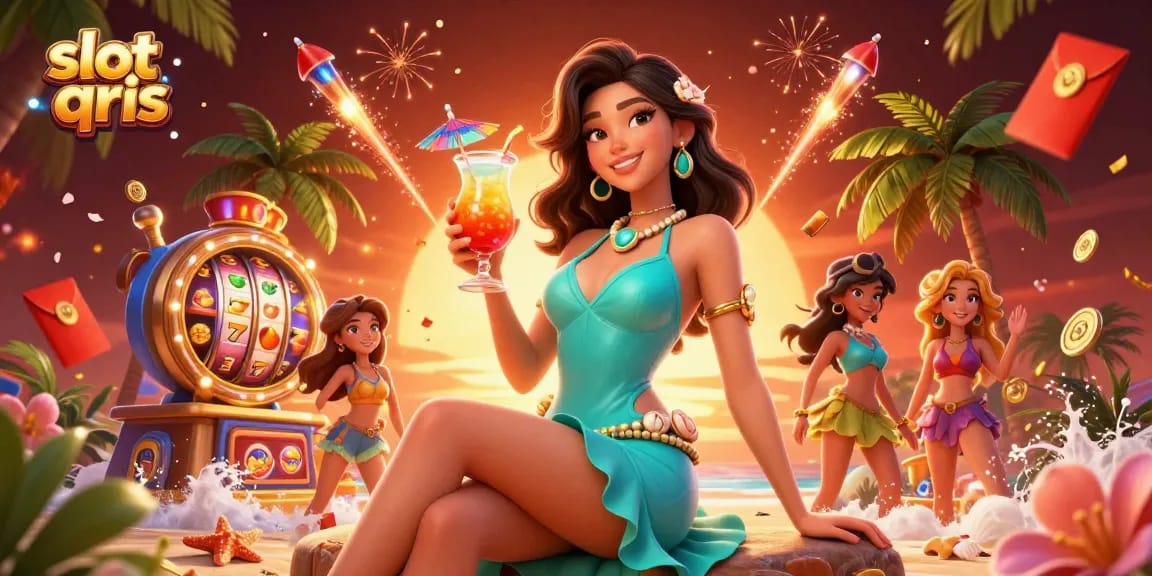 Experience the excitement of slot qris with vibrant players, spinning slot reels, and festive decorations.