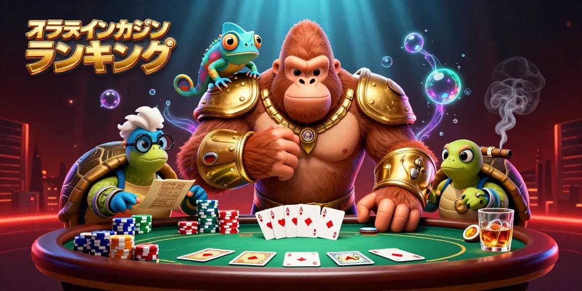 オンラインカジノ ランキングで臨場感あふれるゲームを楽しむキャラクターたちのシーン