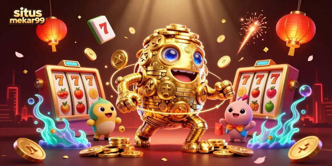 Experience the excitement of situs mekar99 with vibrant slot reels and a golden golem, showcasing thrilling casino gaming.
