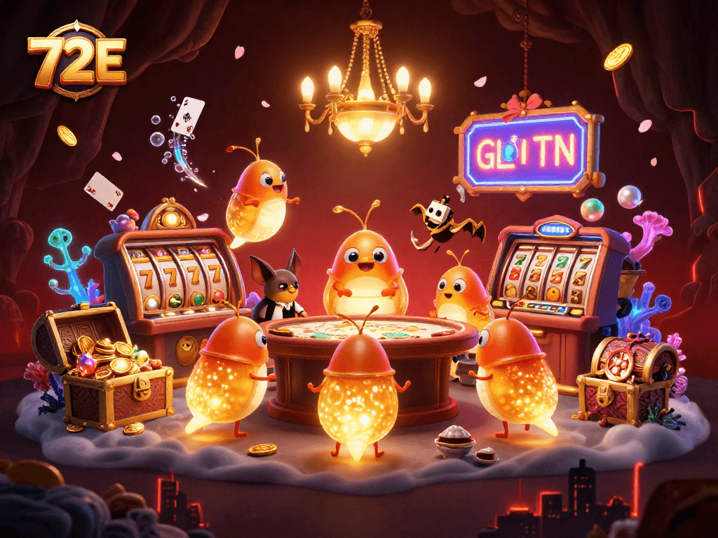 Ilustração 3D de vaga-lumes iluminando um cassino subaquático, destacando 72E e elementos de caça ao tesouro.