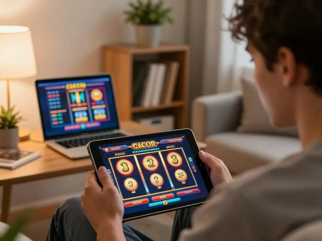 Playing slot gacor online on a tablet, cozy living room ambiance with warm lighting.