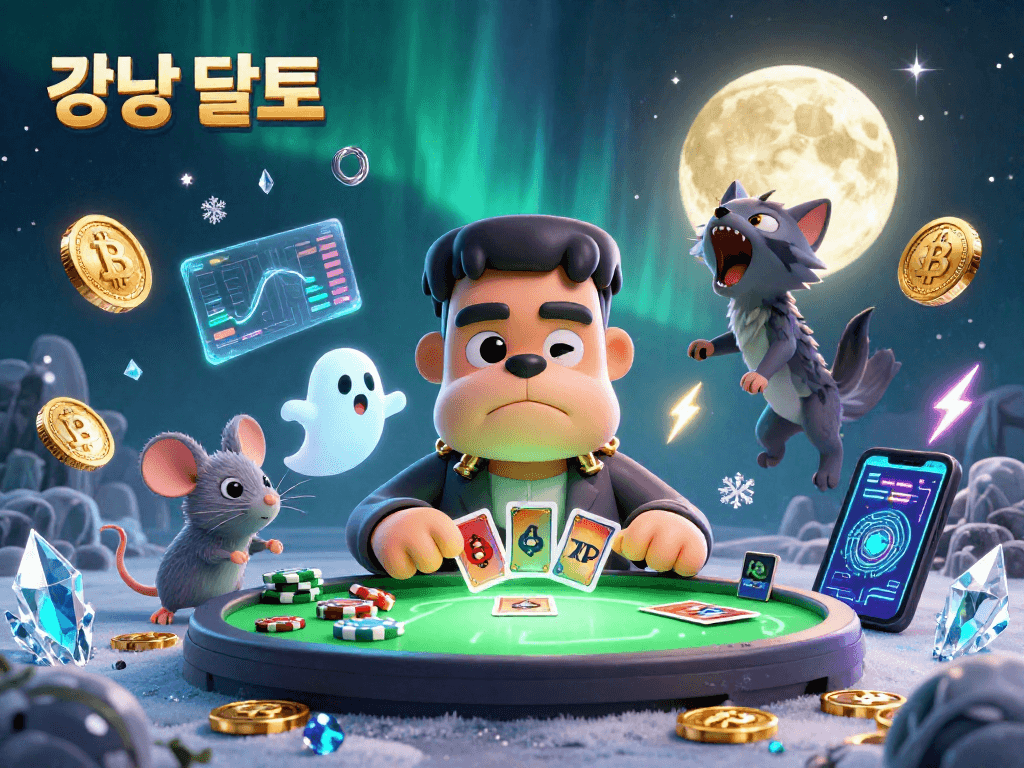 강남 달토에서 고유한 게임 분위기로 카드를 거래하는 3D 프랑켄스타인 불독을 나타냅니다.