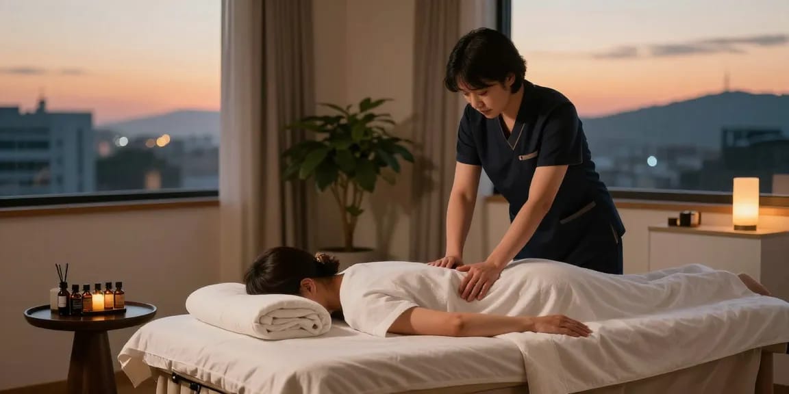 신촌출장마사지 being offered in a serene hotel room, showcasing relaxation and professionalism.
