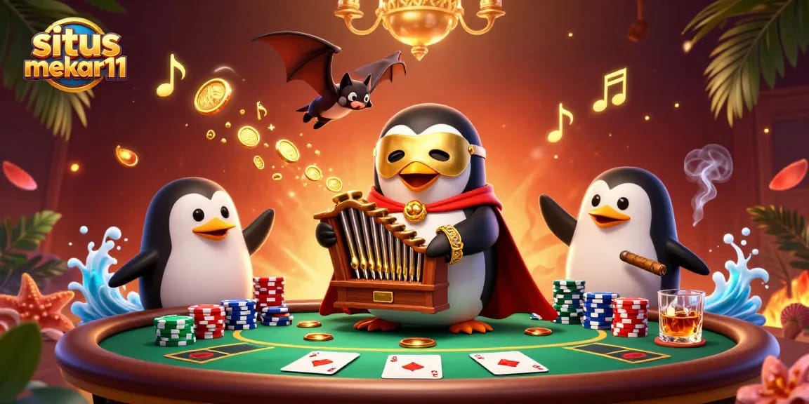 situs mekar11 elevates gaming with an animated penguin on an organ amidst vibrant casino action.
