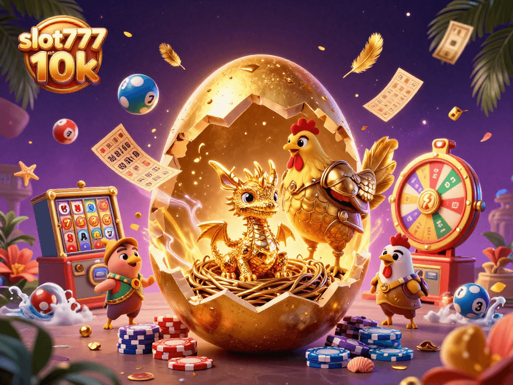 Experience the excitement of slot777 depo 10k with a vibrant 3D fantasy illustration featuring a golden dragon and dynamic casino elements.