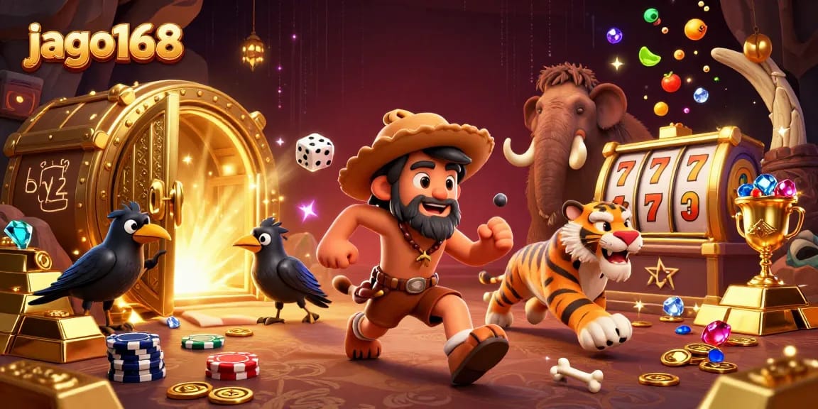 Experience the excitement at Jago168 with dynamic 3D characters in a lively casino scene featuring vibrant slot games.