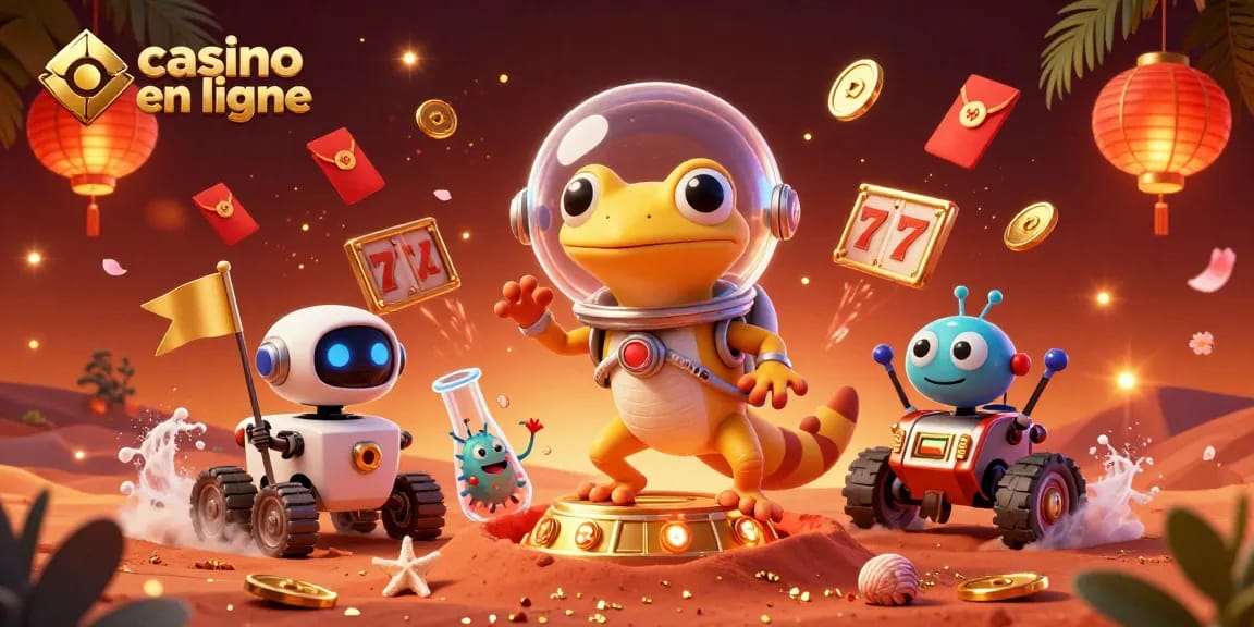 Joue au casino en ligne dans un monde futuriste avec un gecko Martien et des éléments de jeu dynamiques.