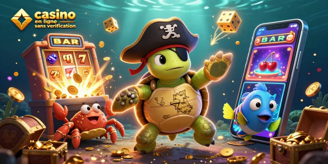 Découvrez une scène de casino en ligne sans vérification avec une tortue pirate, un crabe ermite et un poisson coloré, entourés de jeux et de trésors.