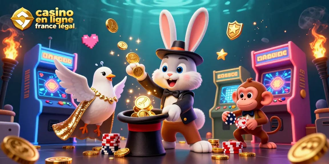 Jouez légalement au casino en ligne France: illustration d'un magicien, d'une colombe et d'un singe avec des pièces d'or.