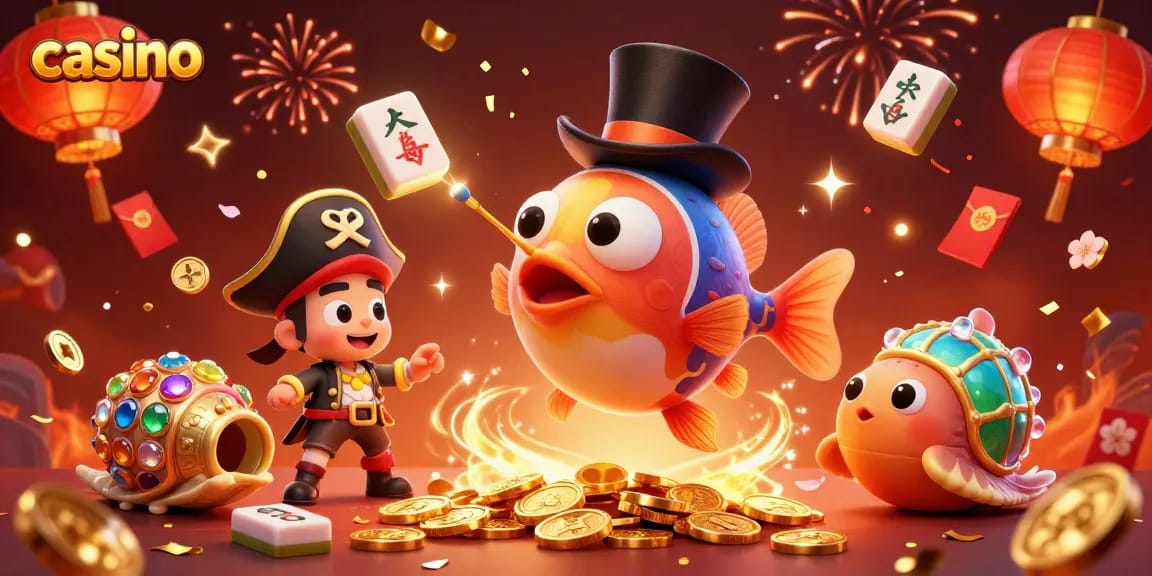 Experience the thrill of casino gaming with vibrant 3D anglerfish and pirate shrimp illustration