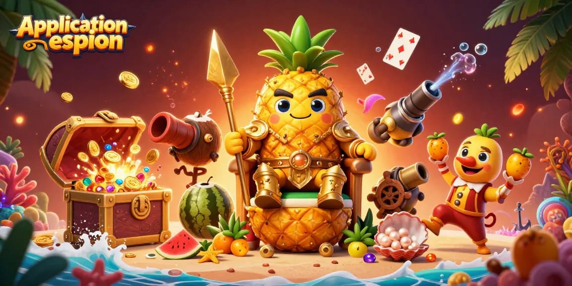 Jouez à l'application espion avec des éléments de casino colorés et dynamiques sur fond illustré.