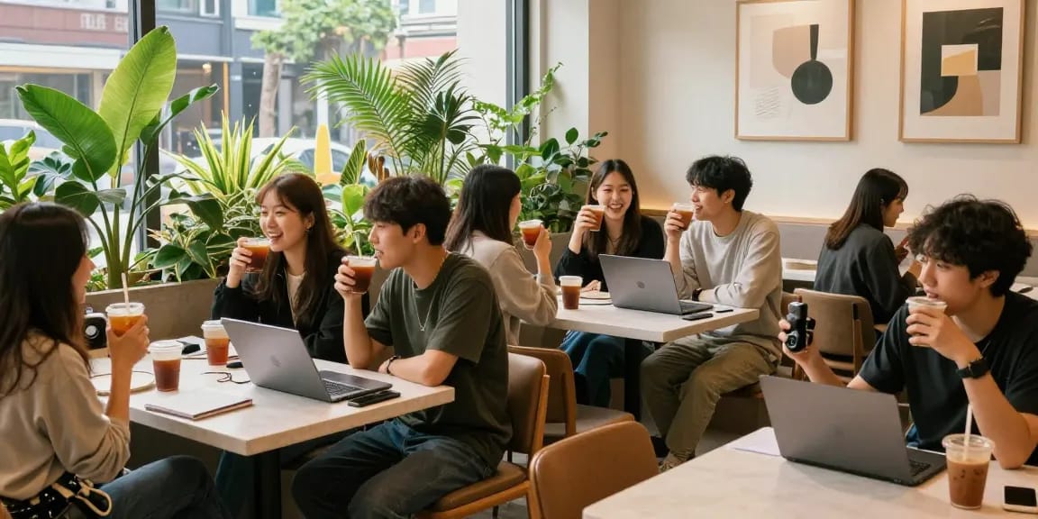 강남쩜오에서 즐거운 분위기의 카페에서 대화와 작업을 하는 사람들