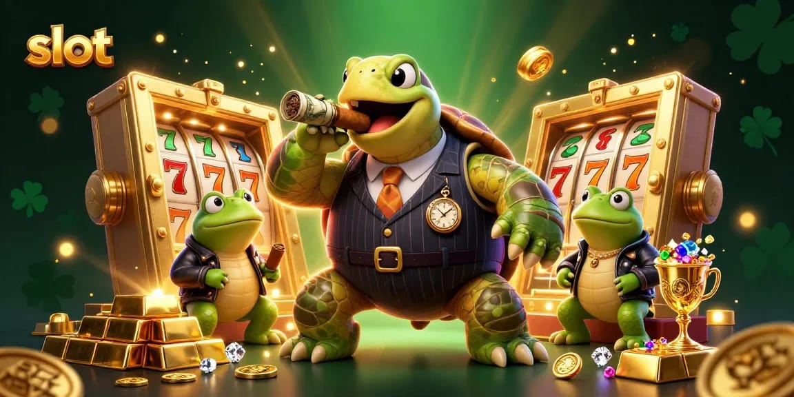 Spin the slot reels with the snapping turtle mobster at the dynamic casino scene.