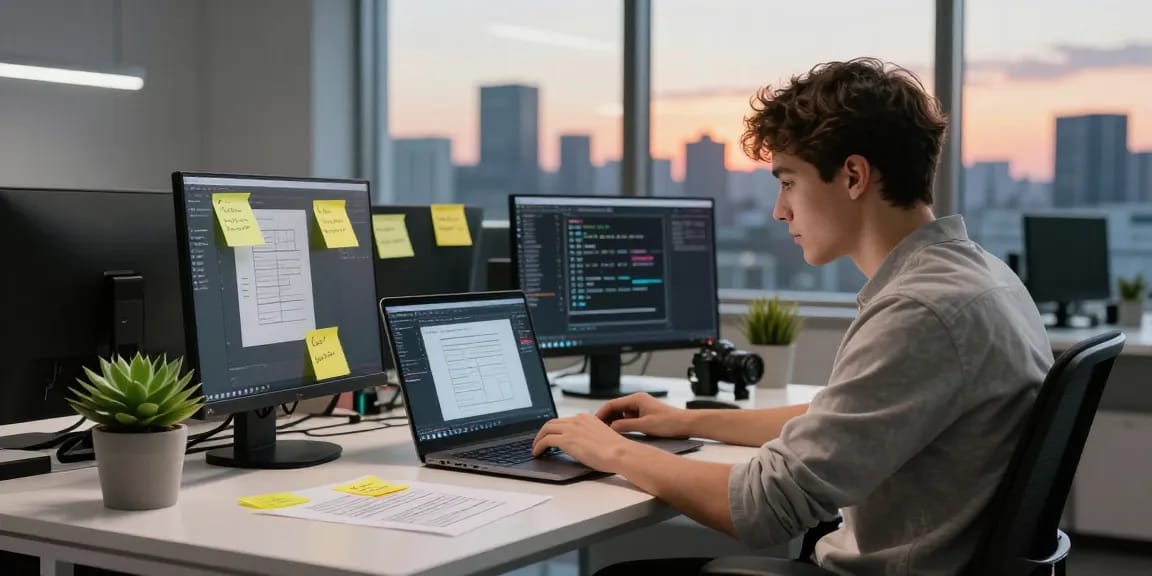 Dynamic workspace showcasing a developer working on 纸飞机中文版 software with modern tech ambiance.