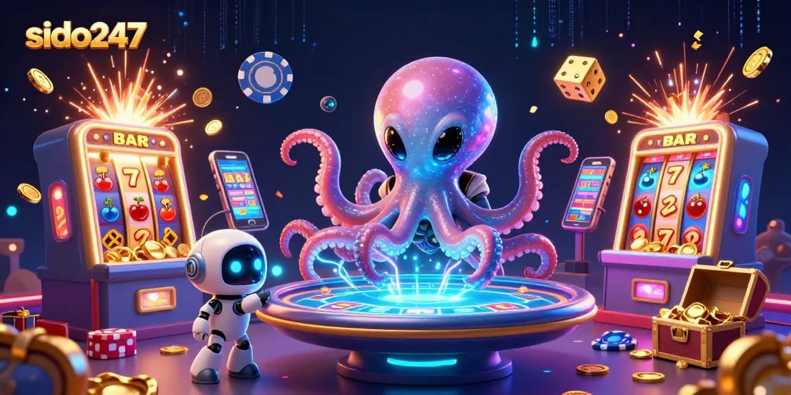 Sido247 showcases a dynamic casino scene with alien octopus and robot at a holographic poker table, surrounded by slot machines and golden dice.