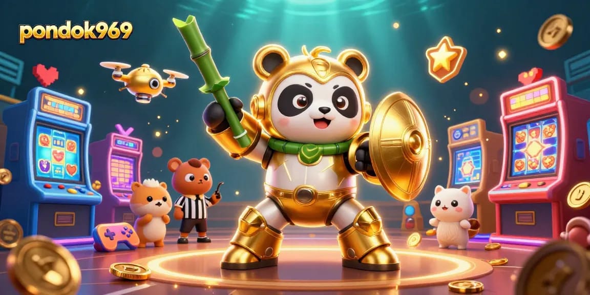 Pondok969 unleashes excitement with vibrant slot machines and a golden panda-themed robot in an interactive gaming arena.