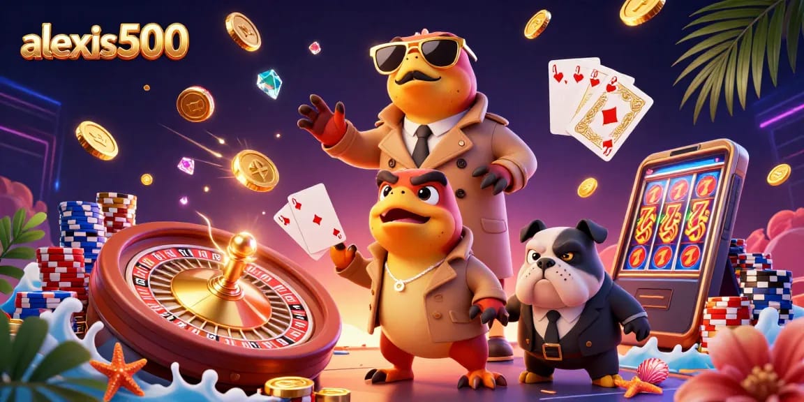 Experience thrilling gameplay at alexis500 with raptors entering a VIP lounge in this vibrant casino scene.