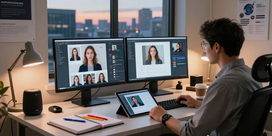 AI image checker analysis in a tech workspace with monitors, gadgets, and a city skyline.
