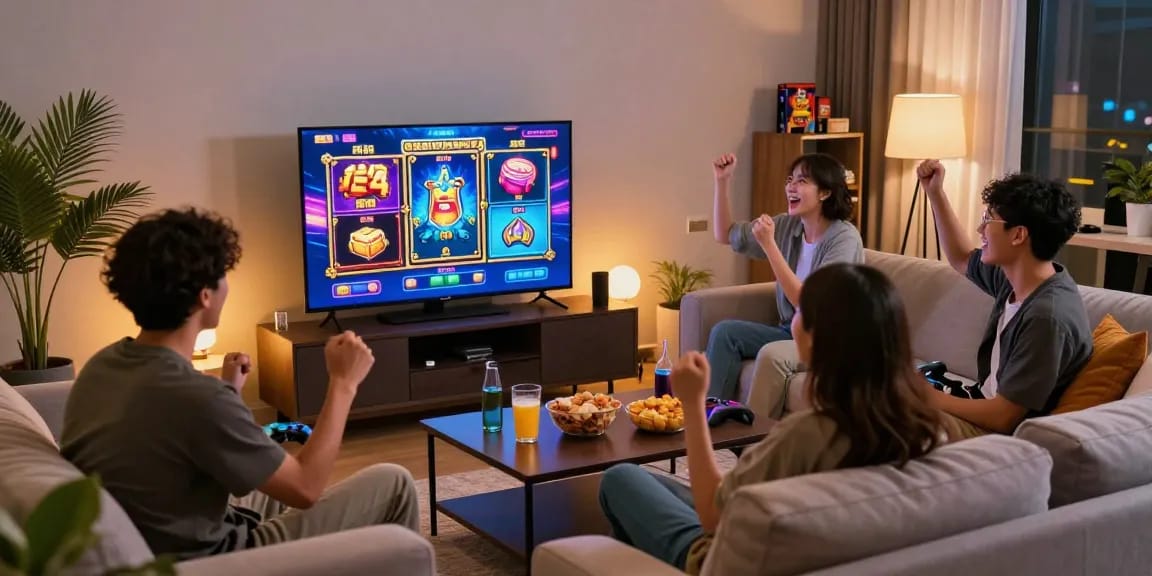 Excited friends enjoying a gaming night playing slot depo 1000 games in a cozy living room.