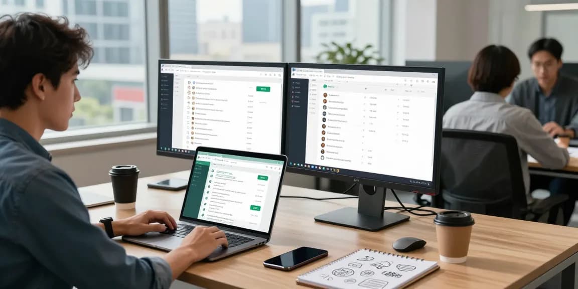 Professional using WhatsApp網頁版 on a laptop in a modern office setting