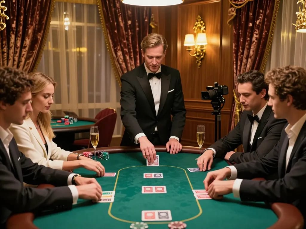 LC99 players strategizing at an upscale poker table in a luxurious casino setting.