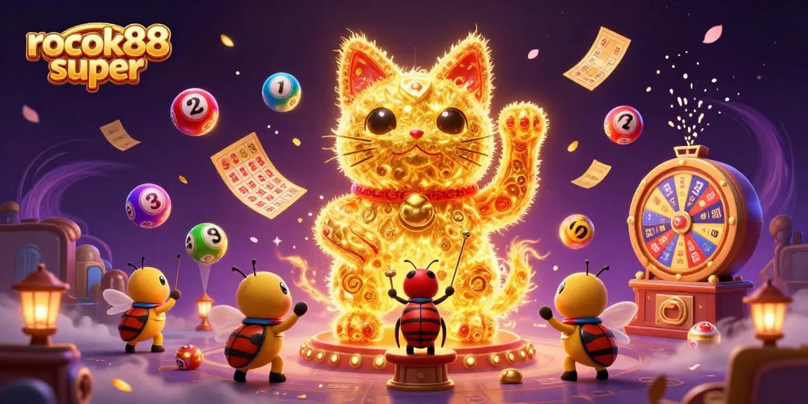 Engage with the rokok88 super experience, featuring a lucky cat amidst dynamic lottery elements.