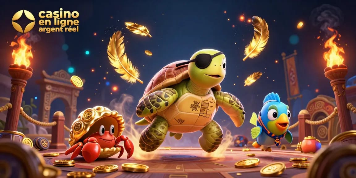 Plongez dans l'univers du casino en ligne argent réel avec une tortue pirate et ses compagnons.