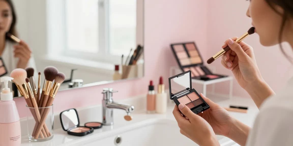Applying champagne eyeshadow in a bright, modern bathroom with elegant beauty tools and makeup palettes.