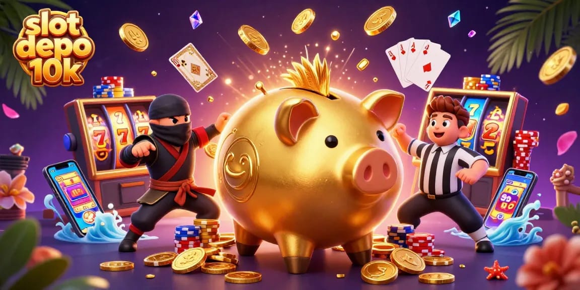 Menangkan slot depo 10k dengan permainan kasino yang seru, dikelilingi koin emas dan karakter menarik.