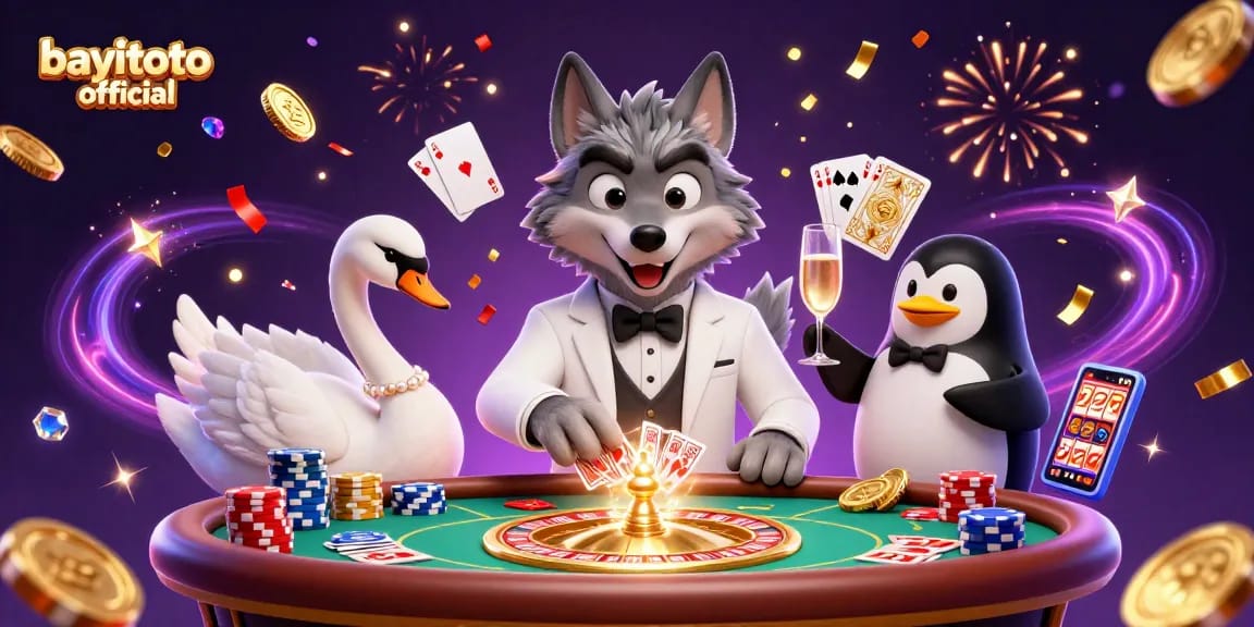 Experience the excitement of bayitoto official with a vibrant 3D casino scene featuring a wolf, swan, and penguin at the baccarat table.