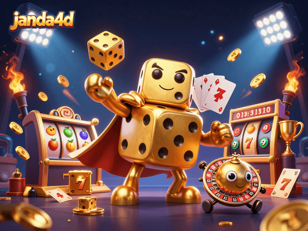 Permainan slot online janda4d dengan karakter dadu emas rombongan yang menghibur.