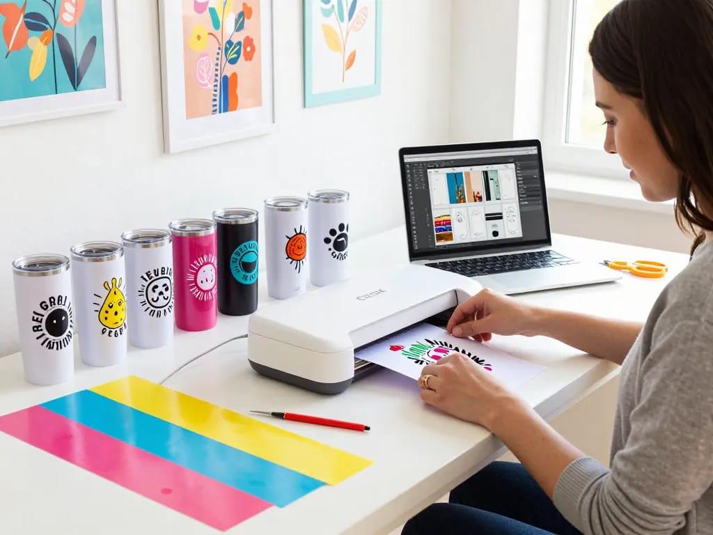Designer crafting tumbler SVG bundle designs in a colorful craft studio.